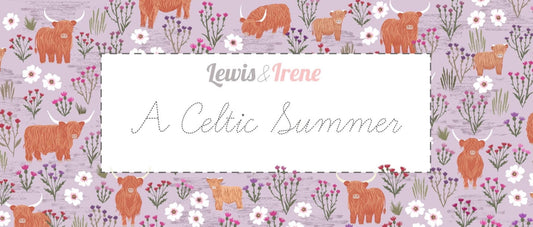A Celtic Summer features 18 soft and breezy fabrics in cream, heather, blue, and sage green colorways with a mix of highland cows, Scottish thistle, bumbling bees, and Celtic knots for a charming quilt.