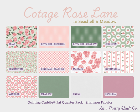 Cottage Rose Lane Quilting Cuddle® Fat Quarter Pack by Shannon Fabrics include twelve super soft 18 inch by 22 inch pre-cut fabrics in seashell pink and meadow green, featuring a variety of charming rose patterns that evoke vintage English countryside.