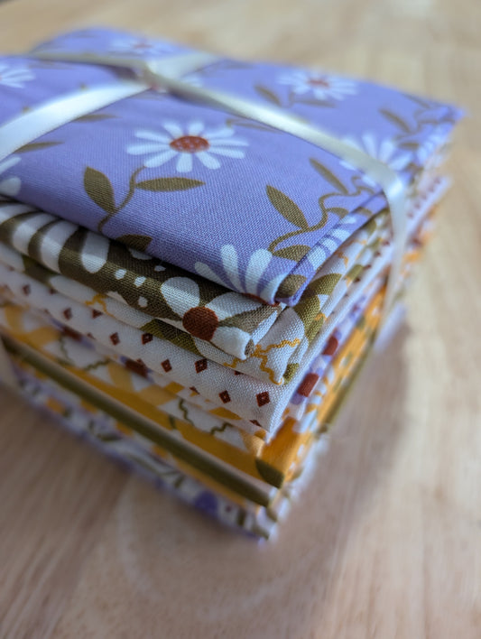 Retro Meadow Fat Quarter Bundle with close up of Daisy May quilting cotton in Lilac
