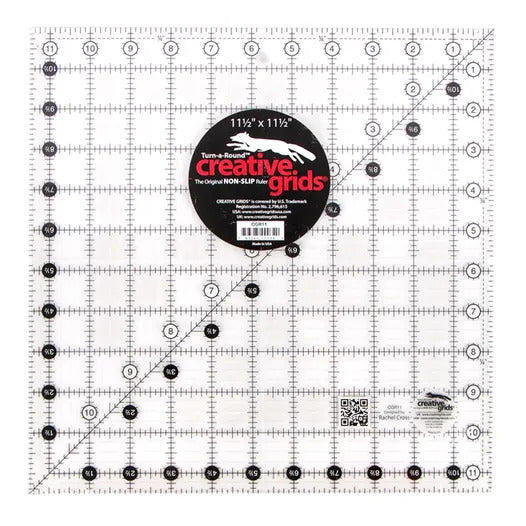Creative Grids 11 and a half inch by 11 and a half inch square ruler is perfect for quilters who work with 10 inch precut fabrics.