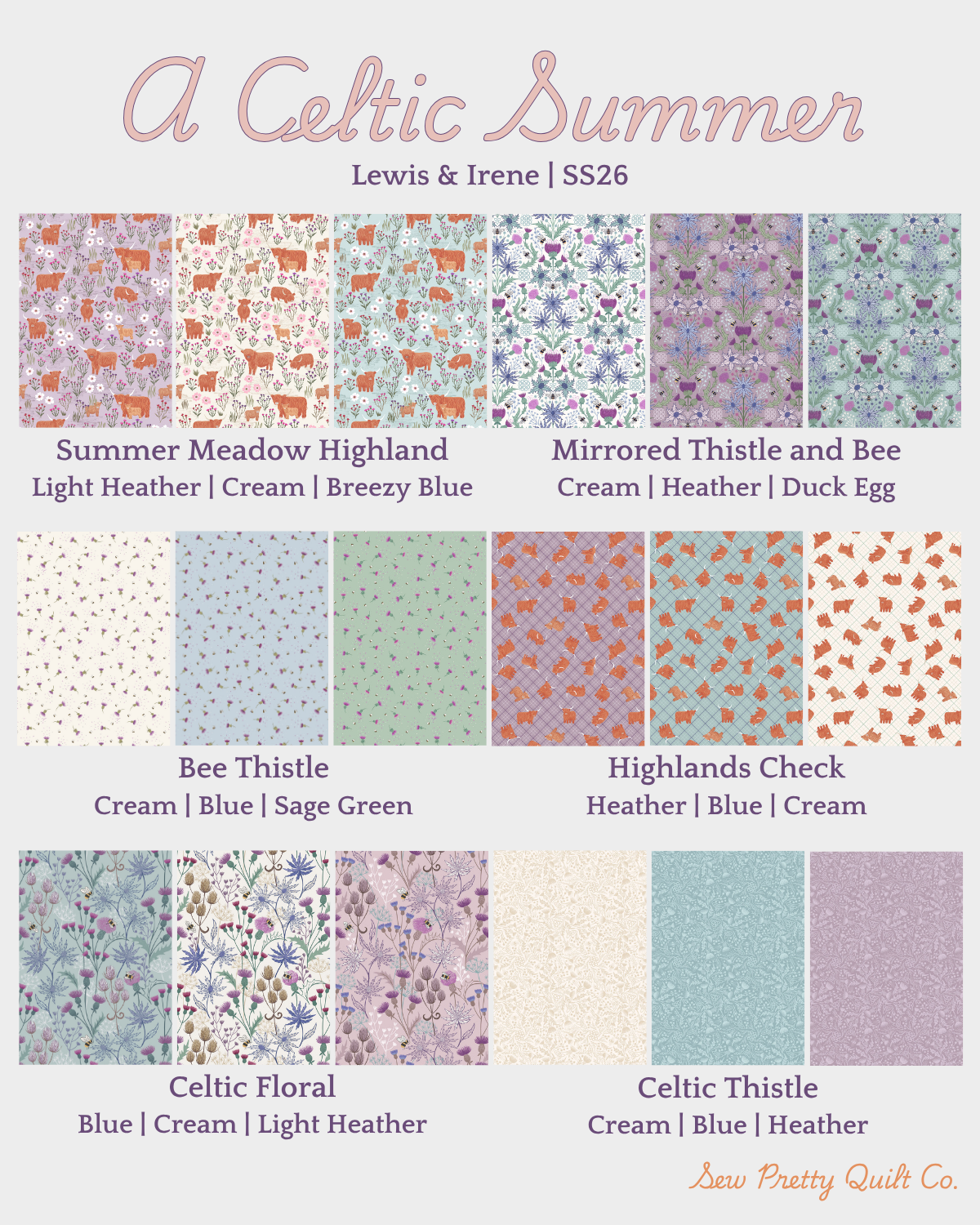 See all fabric swatches from A Celtic Summer collection by Lewis & Irene for Spring Summer 2026, featuring soft and breezy colors for a dreamy highland quilt.