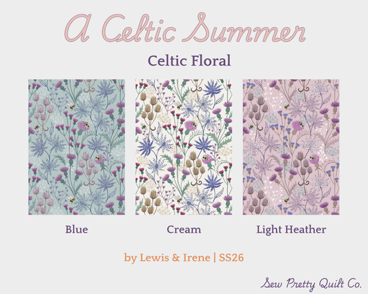 Three swatches of the Celtic Floral fabric from a Celtic Summer collection from Lewis and Irene, showcasing all three colorways in Blue, Cream, and Light Heather from left to right.