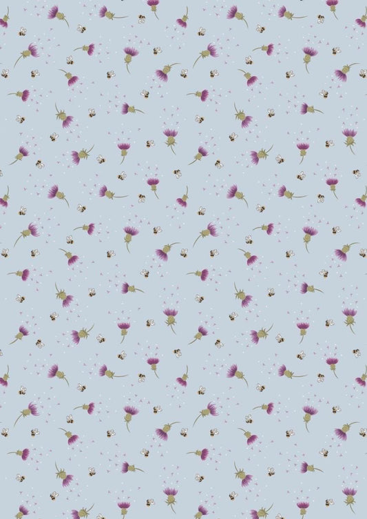 Bee Thistle in Blue from A Celtic Summer collection by Lewis & Irene featuring ditsy motif of delicate thistles and bees on sky blue fabric.