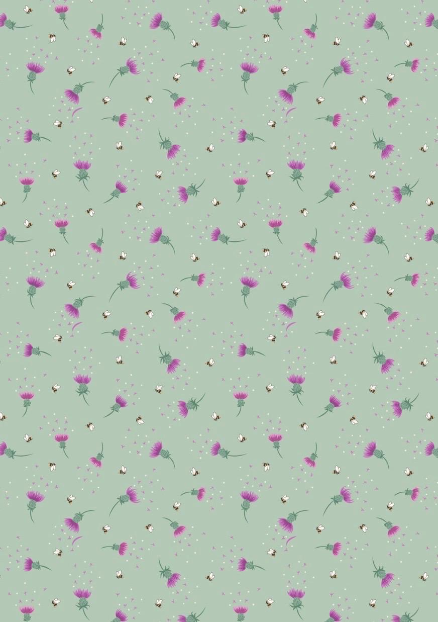 Bee Thistle fabric in Sage Green from A Celtic Summer collection by Lewis & Irene featuring ditsy motif of thistles and bees on a sage green background.