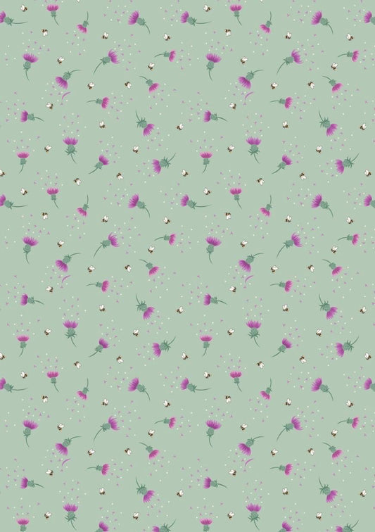Bee Thistle fabric in Sage Green from A Celtic Summer collection by Lewis & Irene featuring ditsy motif of thistles and bees on a sage green background.