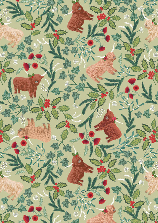 Lewis & Irene Highlands Christmas Cows Quilting Cotton - Sage