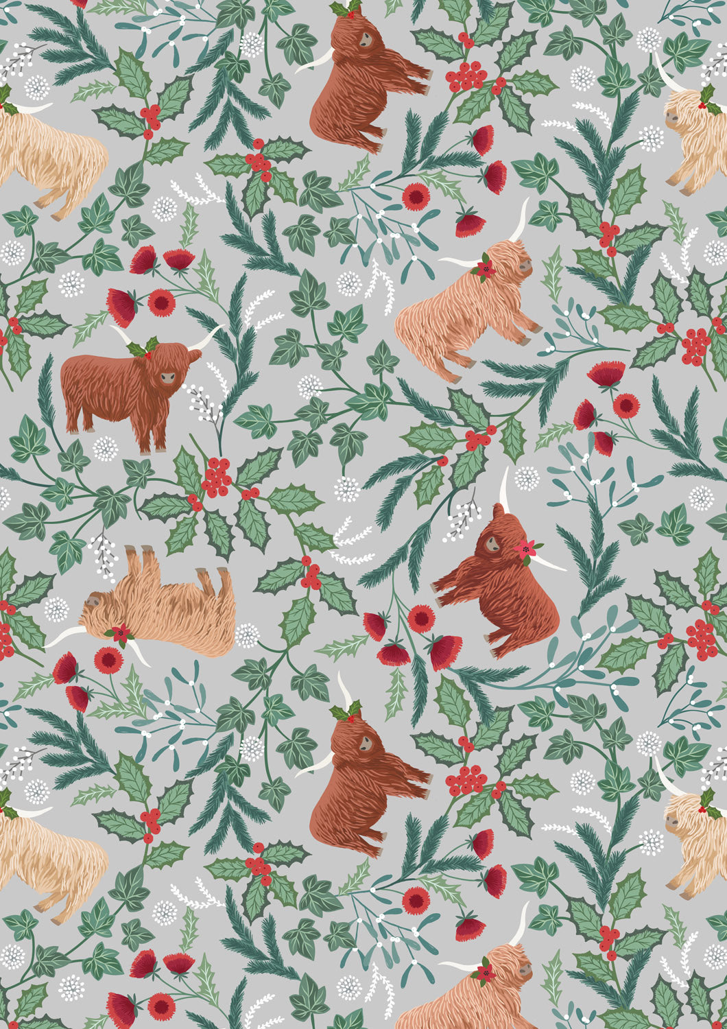 Lewis & Irene Highlands Christmas Cows Quilting Cotton - Misty Silver