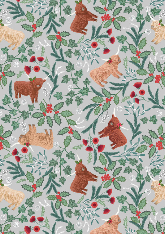 Lewis & Irene Highlands Christmas Cows Quilting Cotton - Misty Silver