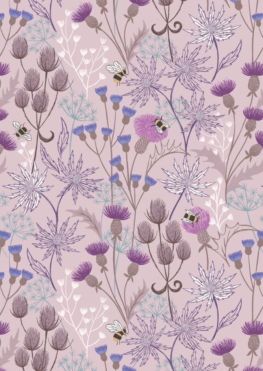 Celtic Floral fabric in Light Heather from A Celtic Summer collection by Lewis and Irene features buzzing bees in a floral meadow dotted with thistles against a sky blue background.
