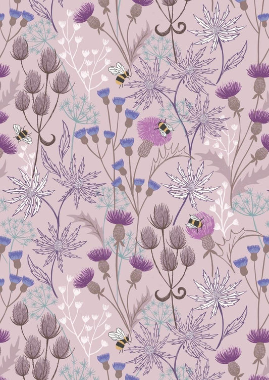 Celtic Floral fabric in Light Heather from A Celtic Summer collection by Lewis and Irene features buzzing bees in a floral meadow dotted with thistles against a sky blue background.