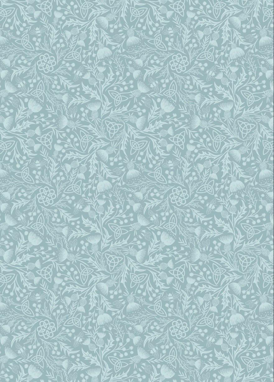 Celtic Thistle fabric in Blue from A Celtic Summer collection by Lewis and Irene features a lacey, low volume pattern of thistle, Celtic knots, and bees.