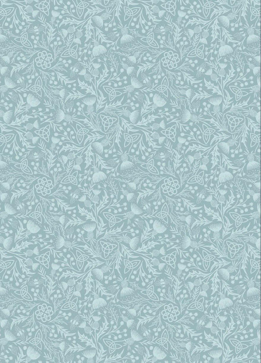 Celtic Thistle fabric in Blue from A Celtic Summer collection by Lewis and Irene features a lacey, low volume pattern of thistle, Celtic knots, and bees.