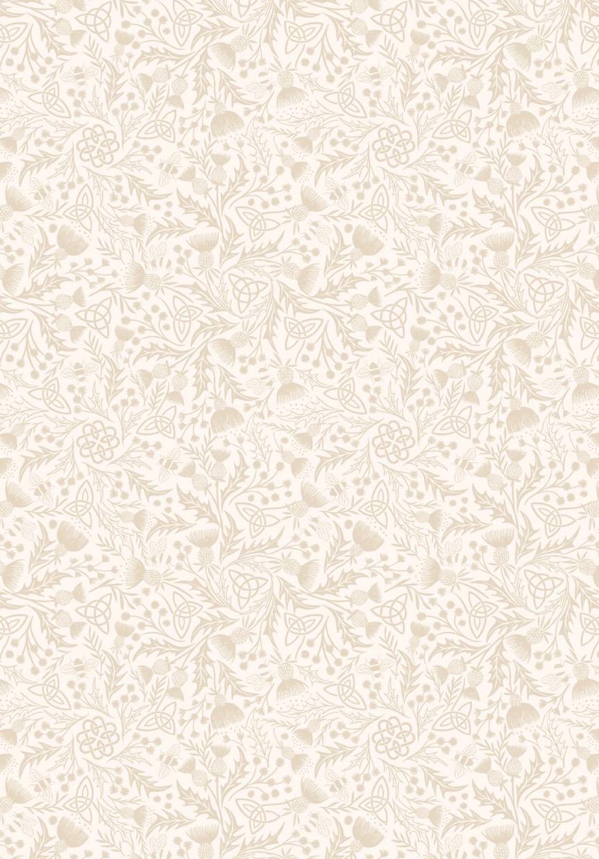 Celtic Thistle fabric in Cream from A Celtic Summer collection by Lewis and Irene features a lacey, low volume pattern of thistle, Celtic knots, and bees.