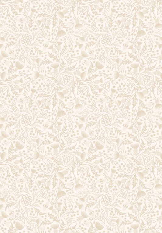 Celtic Thistle fabric in Cream from A Celtic Summer collection by Lewis and Irene features a lacey, low volume pattern of thistle, Celtic knots, and bees.