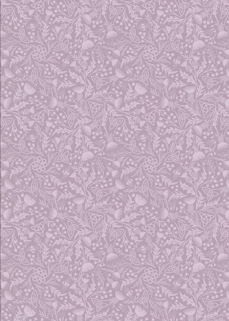 Celtic Thistle fabric in Heather from A Celtic Summer collection by Lewis and Irene features a lacey, low volume pattern of thistle, Celtic knots, and bees.