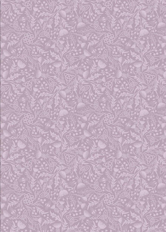 Celtic Thistle fabric in Heather from A Celtic Summer collection by Lewis and Irene features a lacey, low volume pattern of thistle, Celtic knots, and bees.