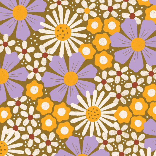 Retro Meadow Cosmos Fabric in Mustard and Lilac - Cloud9 Organic Quilting Cotton