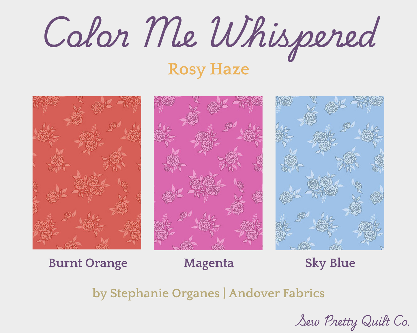 Color Me Whispered fabric bundle includes 28 fabrics with 6 pattern styles. Rosy Haze is a smaller abstract floral line art pattern in three colors: burnt orange, magenta, and sky blue.