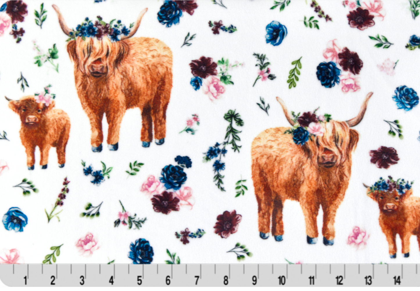 A close up photo of the Helga Highland Digital Cuddle Cut from Shannon Fabrics showing the various sizes of highland cows, along with details of the floral pattern.