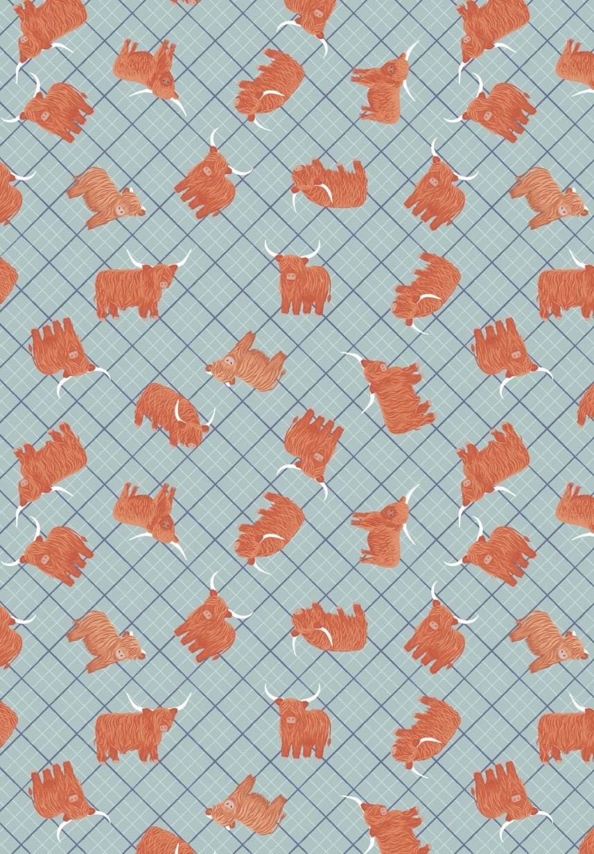 Highlands Check fabric in Blue from A Celtic Summer collection by Lewis and Irene showcases charming highland cows tumbling about on a classic check pattern.