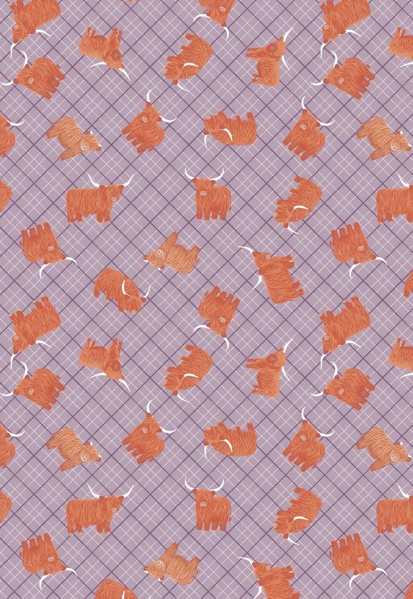 Highlands Check fabric in Heather from A Celtic Summer collection by Lewis and Irene showcases charming highland cows tumbling about on a classic check pattern.