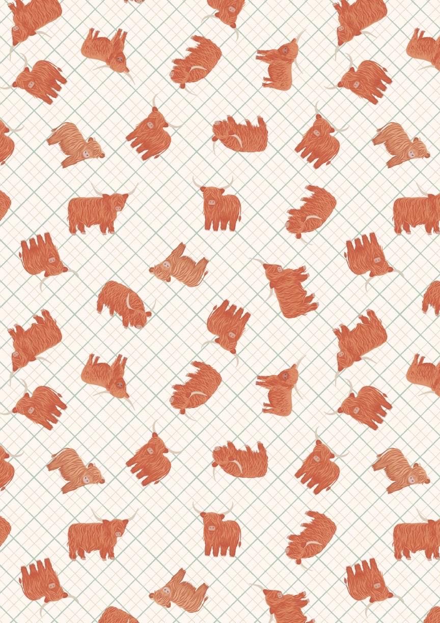 Highlands Check fabric in Cream from A Celtic Summer collection by Lewis and Irene showcases charming highland cows tumbling about on a classic check pattern.