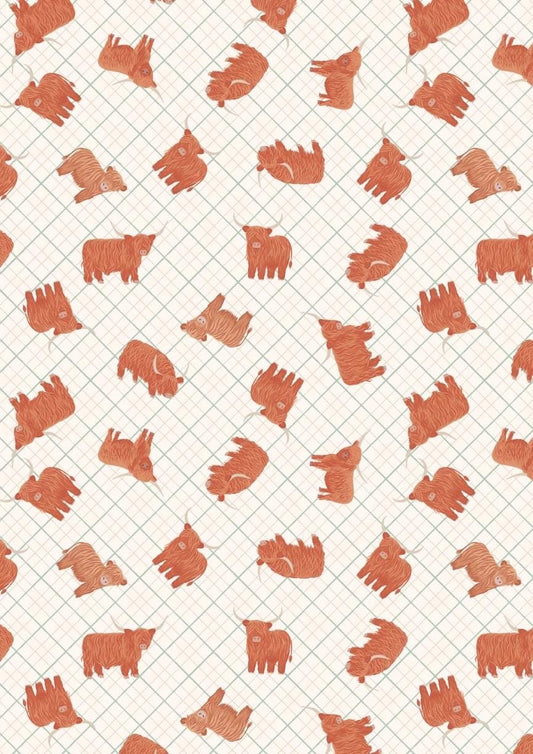 Highlands Check fabric in Cream from A Celtic Summer collection by Lewis and Irene showcases charming highland cows tumbling about on a classic check pattern.
