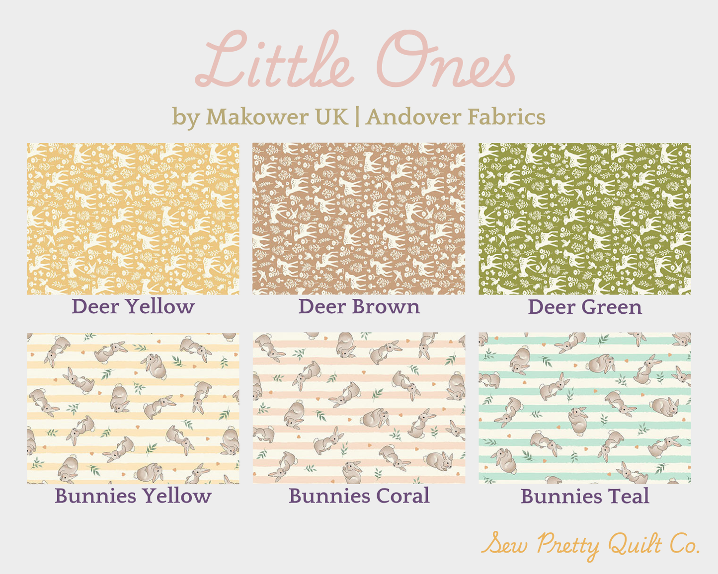 Six fabric swatches show a silhouette deer pattern in Yellow, Brown, and Green, and a striped Bunnies pattern in Yellow, Coral, and Teal from the Little Ones Fat Quarter Bundle by Makower UK.