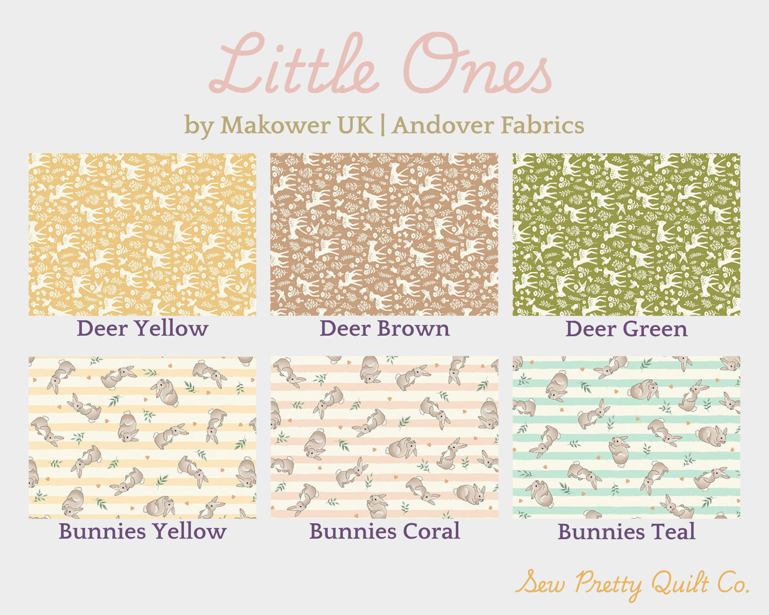 Six fabric swatches show a silhouette deer pattern in Yellow, Brown, and Green, and a striped Bunnies pattern in Yellow, Coral, and Teal from the Little Ones Fat Quarter Bundle by Makower UK.