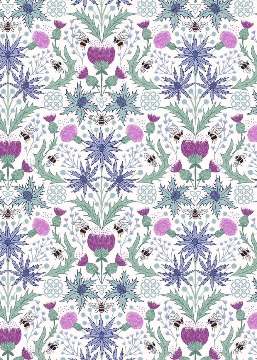 Mirrored Thistle and Bee fabric in Cream from A Celtic Summer collection by Lewis & Irene, featuring scottish thistle, bumbling bees, and celtic knots for a charming floral pattern reminiscent of highland meadows.
