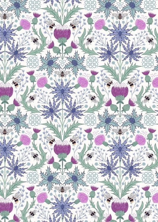 Mirrored Thistle and Bee fabric in Cream from A Celtic Summer collection by Lewis & Irene, featuring scottish thistle, bumbling bees, and celtic knots for a charming floral pattern reminiscent of highland meadows.