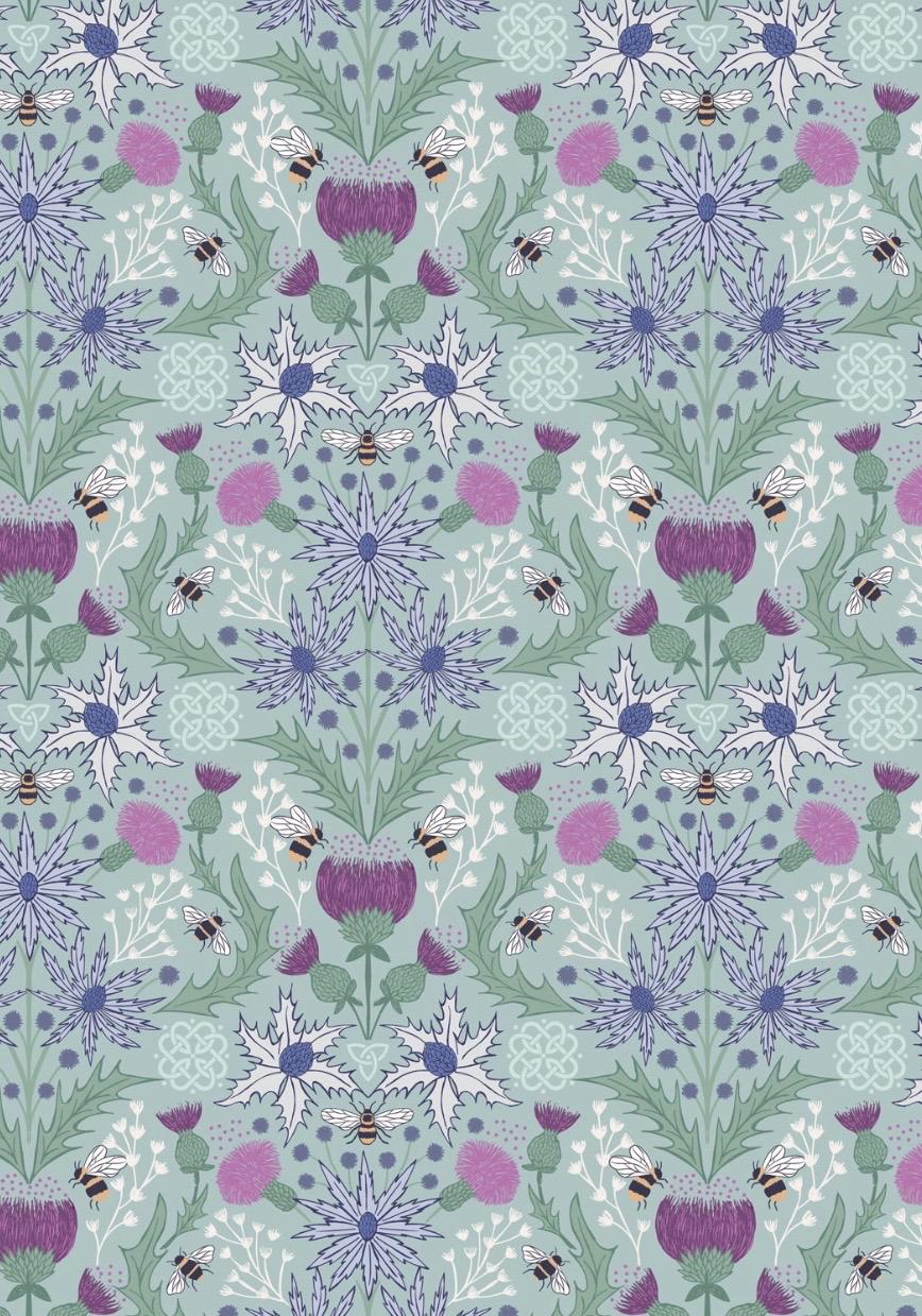 Mirrored thistle and bee fabric in duck egg blue from A Celtic Summer collection by Lewis & Irene featuring scottish thistle, bumbling bees, and celtic knots for a floral pattern reminiscent of highland meadows.