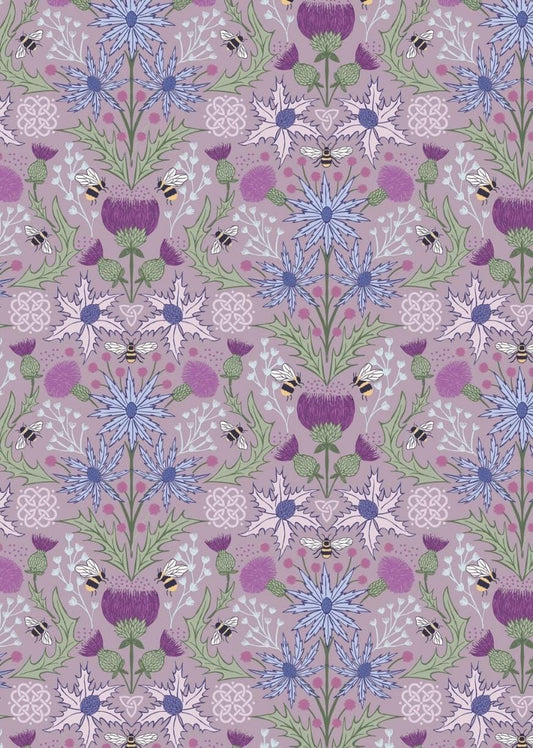 Mirrored Thistle and Bee fabric in Heather from A Celtic Summer collection by Lewis & Irene