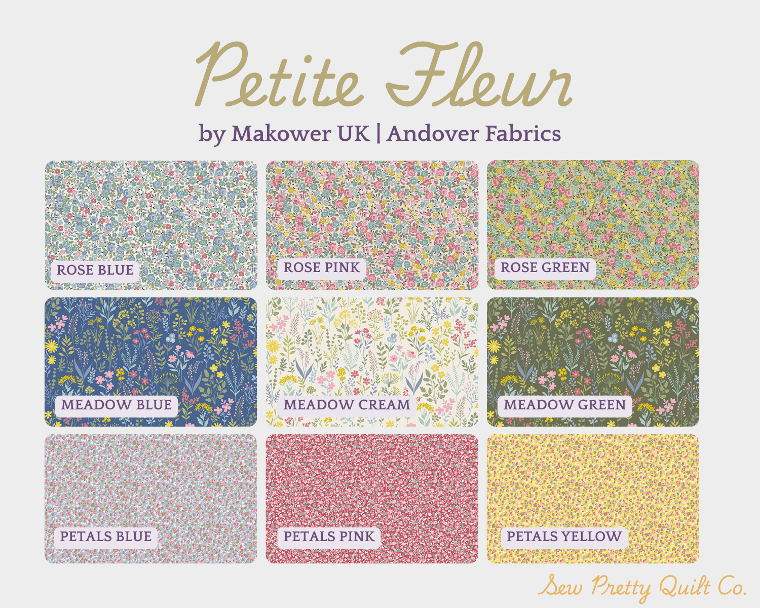 Petite Fleur fat quarter bundle from Makower UK and Andover fabrics features rose, meadow, and petals patterns in shades of blue, pink, green, cream, and yellow.