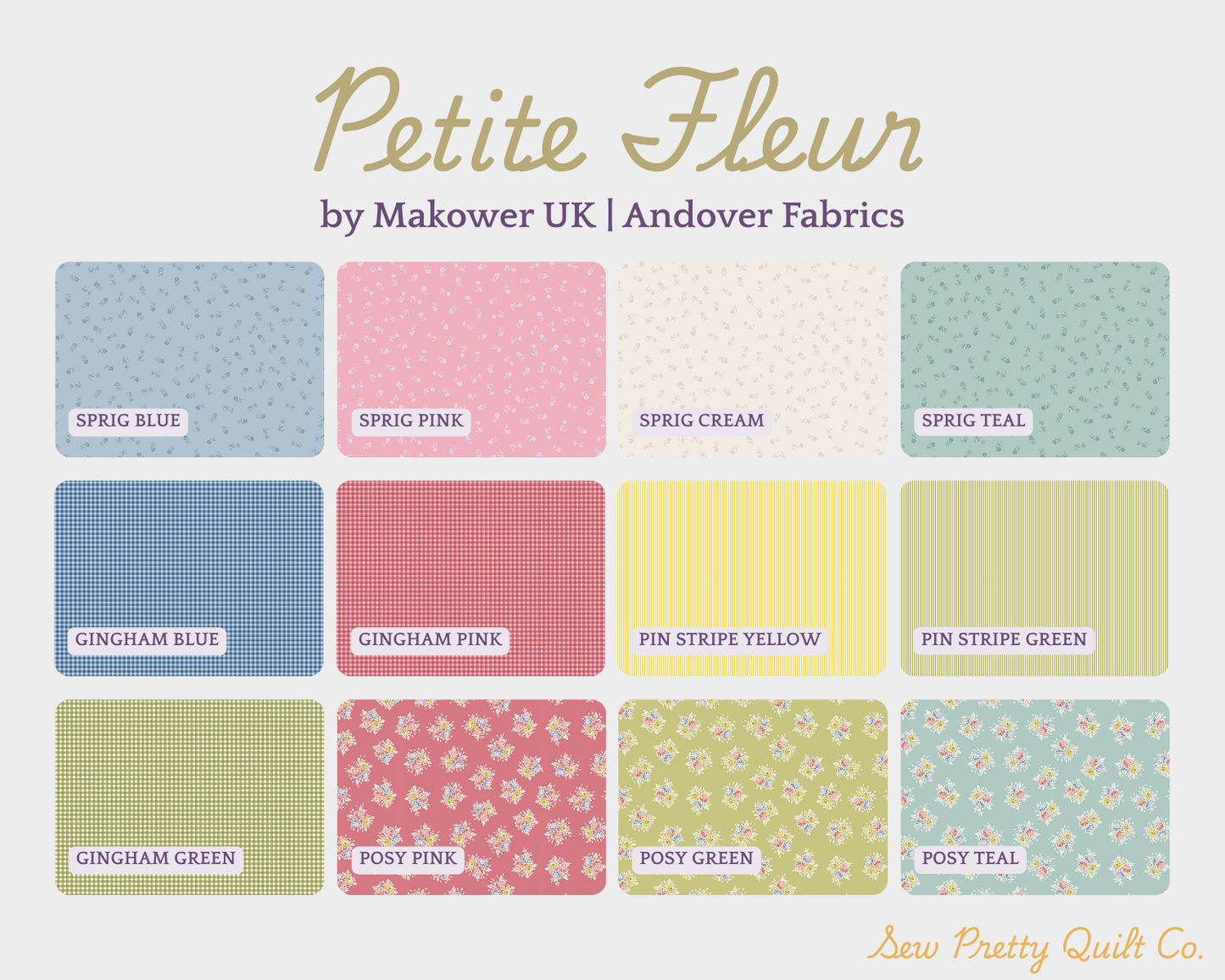 Petite Fleur fat quarter bundle by Makower UK and Andover fabrics includes sprig, posy, pin stripe, and gingham patterns in shades of blue, pink, teal, yellow, cream, and green.