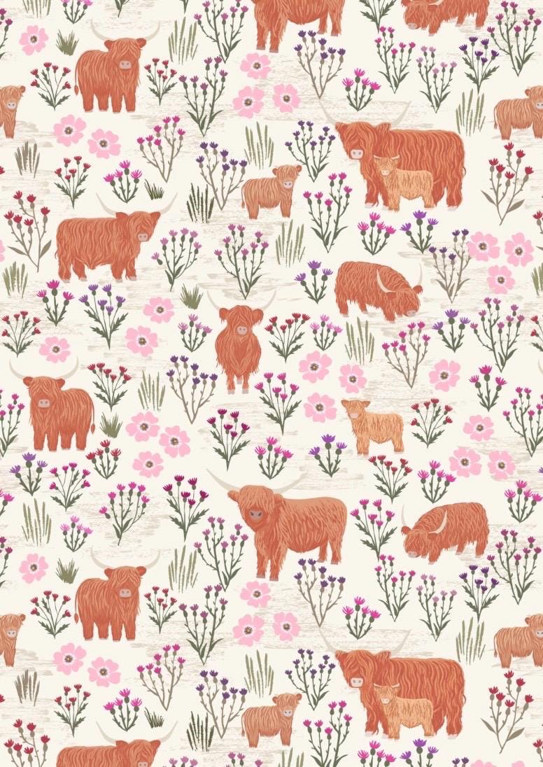 Summer Meadow Highland fabric in Cream from A Celtic Summer collection by Lewis & Irene featuring highland cows and Scottish Thistle.