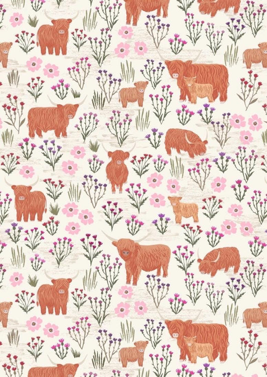 Summer Meadow Highland fabric in Cream from A Celtic Summer collection by Lewis & Irene featuring highland cows and Scottish Thistle.