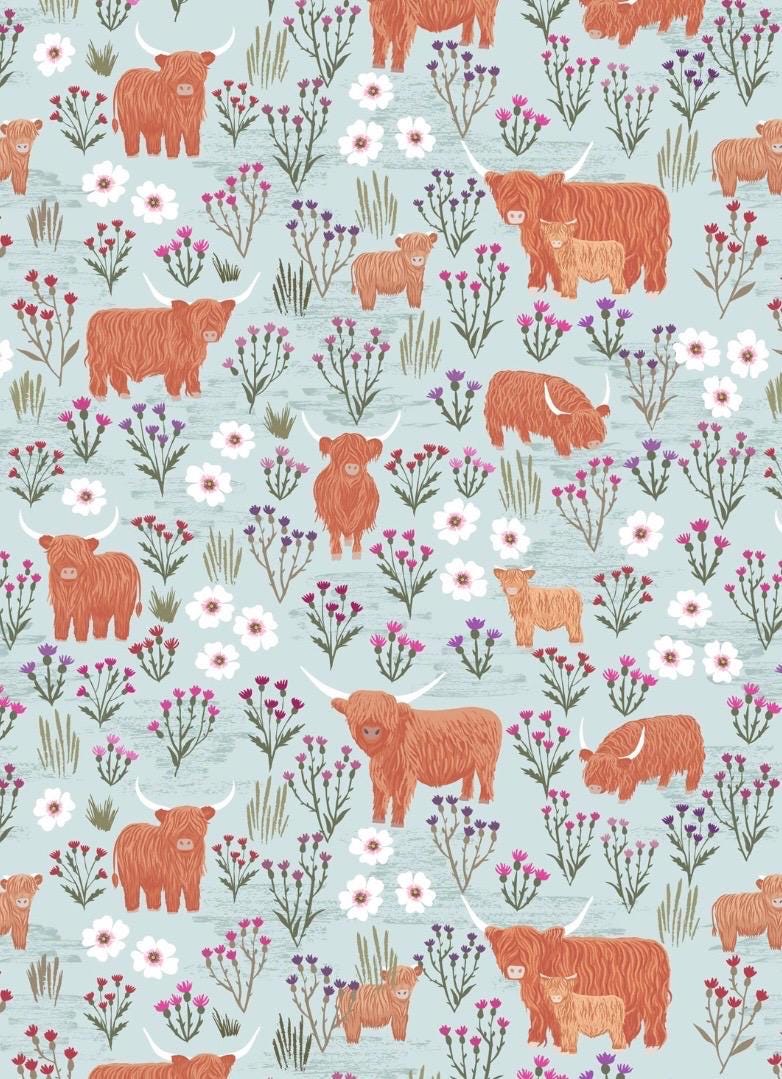 Summer Meadow Highland Breezy blue cut fabric from A Celtic Summer collection by Lewis & Irene featuring highland cows and Scottish thistle.