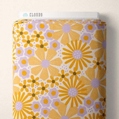 Retro Meadow Cosmos Fabric in Salt and Gold - Cloud9 Organic Quilting Cotton