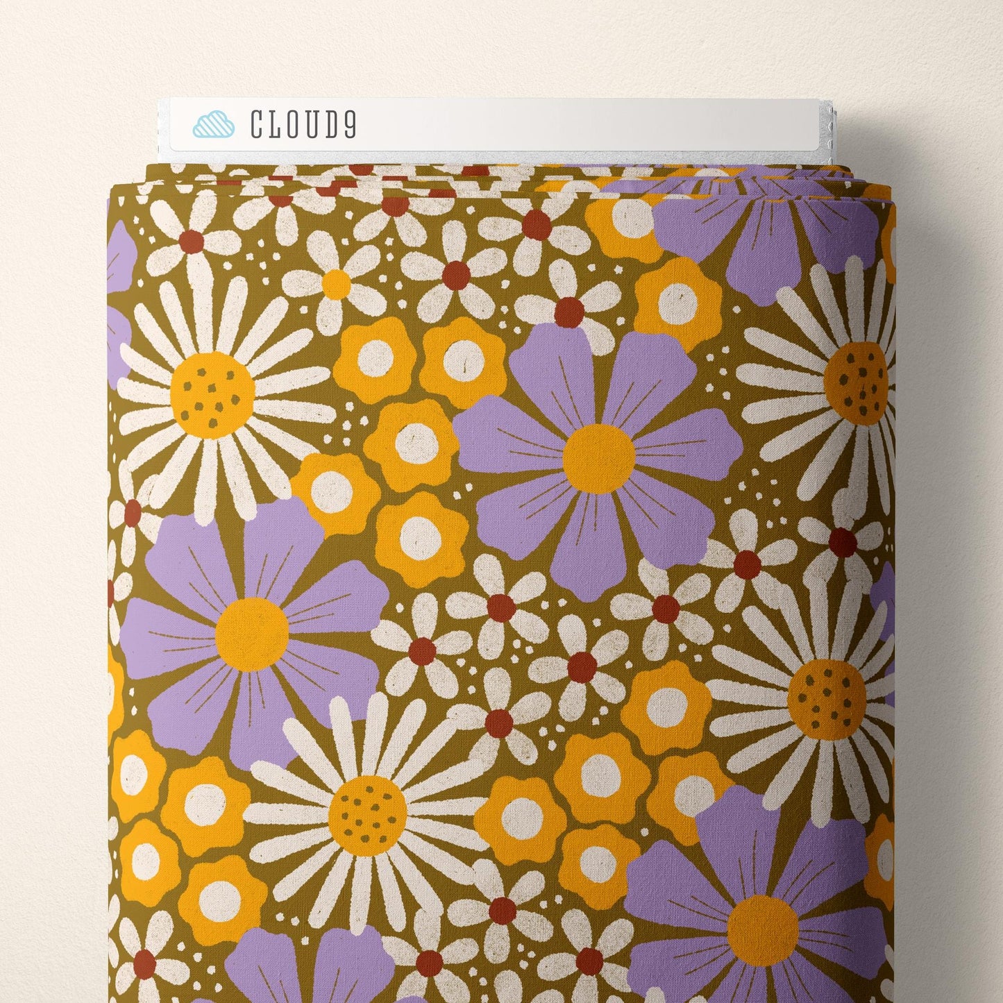 Retro Meadow Cosmos Fabric in Mustard and Lilac - Cloud9 Organic Quilting Cotton